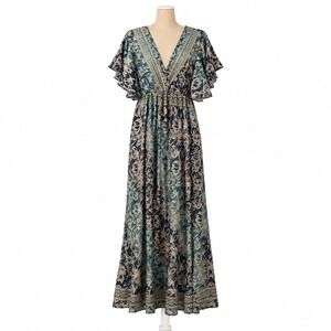 Zury Vintage Y2K Silk Floral Maxi Dress Flutter Sleeve Boho Forest Fairy Grunge